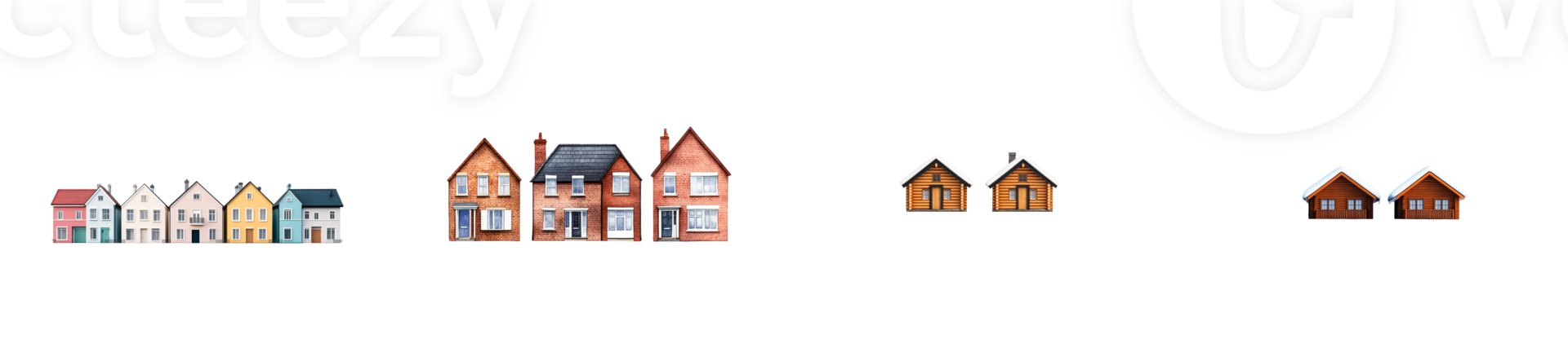 Variety of home styles, isolated houses collection, cut out transparent png