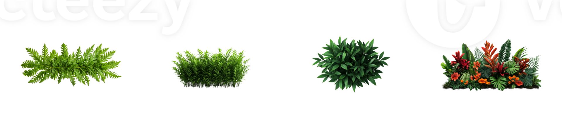 Tropical bush set, fern and green shrub with flowers, cut out transparent png