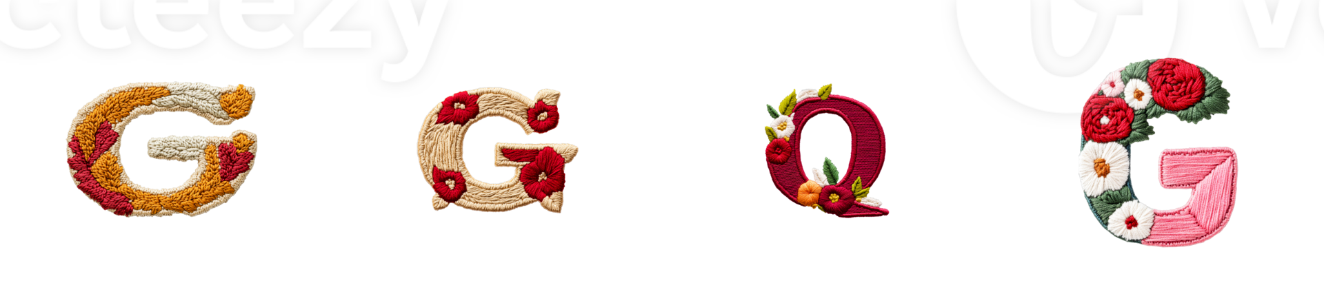 Embroidered letters G, Q with floral elements on black background, cut out transparent png