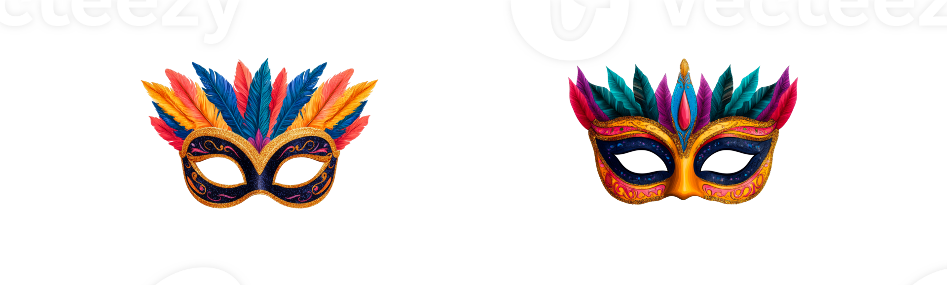 Two ornate carnival masks with vibrant feathers, cut out transparent png