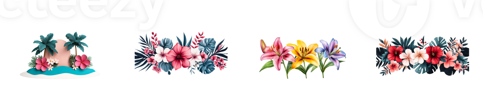 Tropical Hawaiian Flowers and Palms Illustrations, cut out transparent png