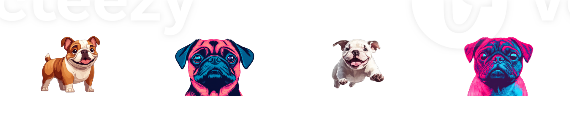 Diverse cartoon bulldog collection, vivid colors, isolated on black, cut out transparent png