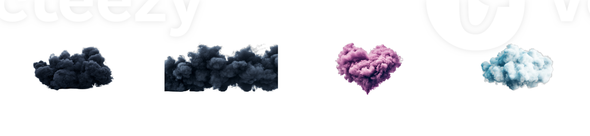 Collection of 4 abstract clouds in different colors, cut out transparent png