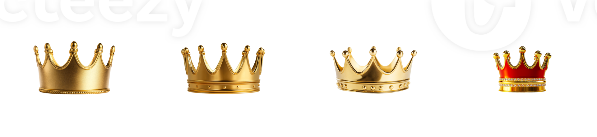 Set of golden crowns of different shapes, cut out transparent png