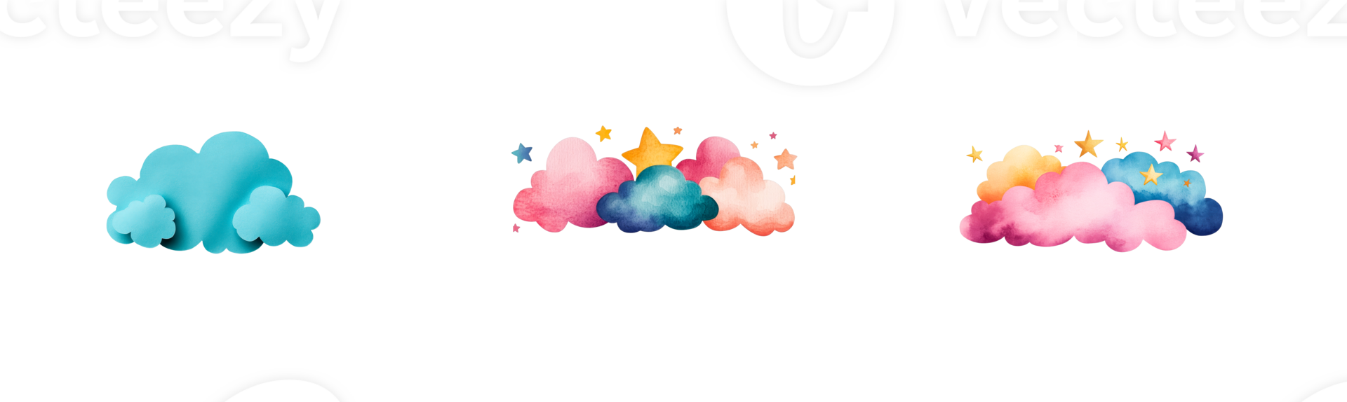 Clouds and stars in various color palettes and style, cut out transparent png
