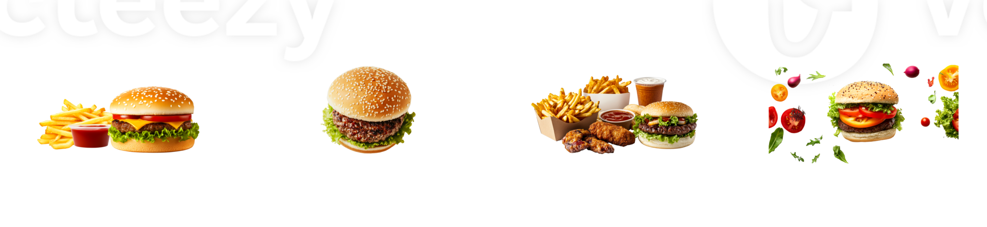 Fast food burgers variety with fries and salads on black, cut out transparent png