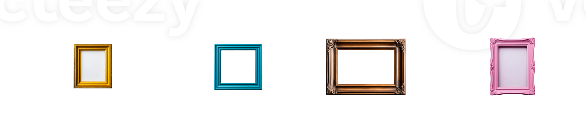 Collection of ornate picture frames in gold, blue, brown and pink, cut out transparent png