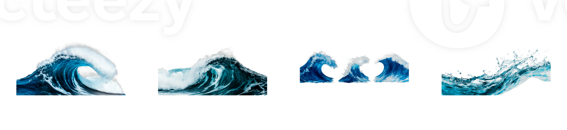 Ocean waves and splashes with foam on black background, cut out transparent png