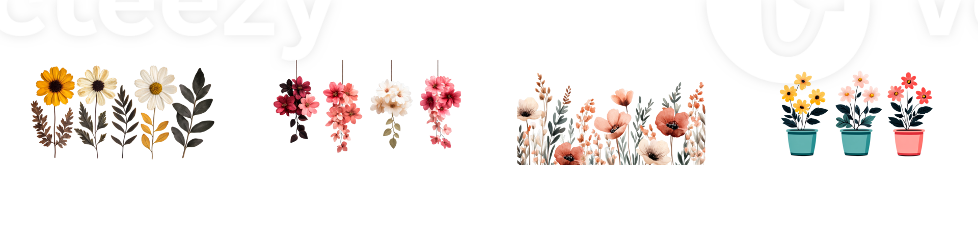 Variety of Flowers on black background , cut out transparent png