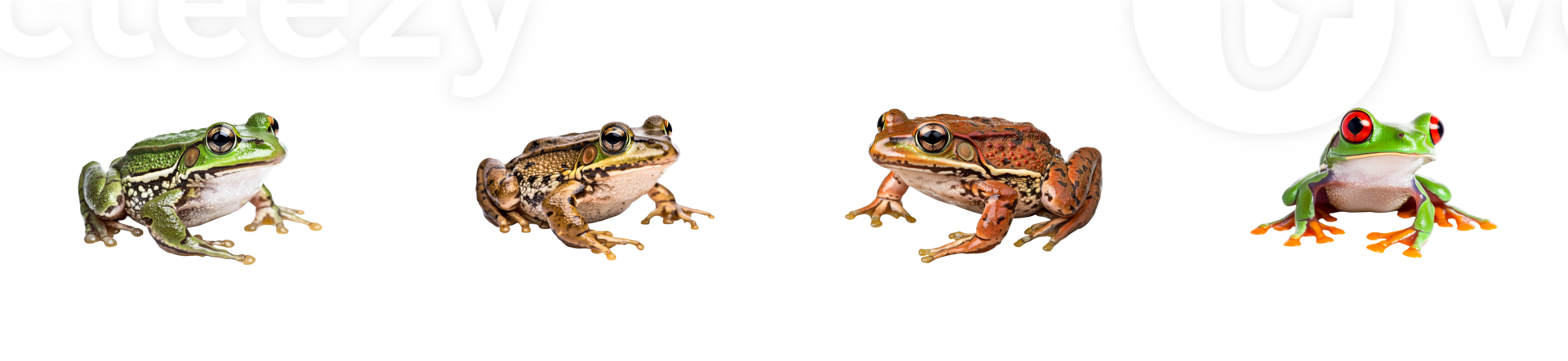 Frogs of different types in a row on a black background, cut out transparent png