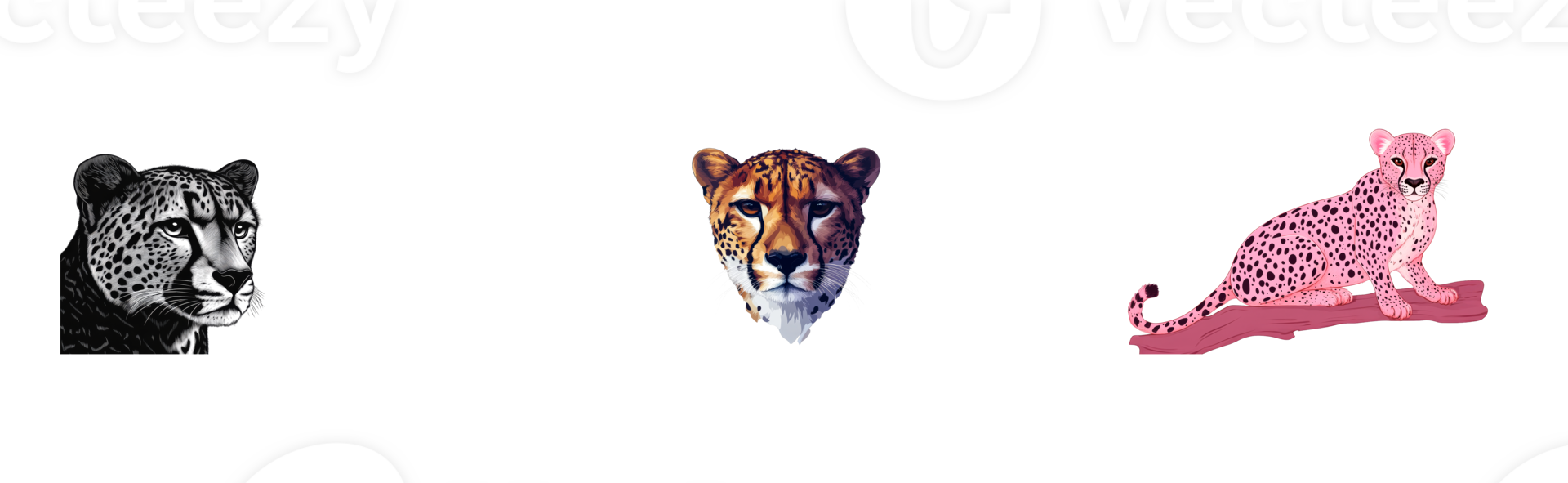 Three Cheetahs in Diverse Styles on Dark Background, cut out transparent png