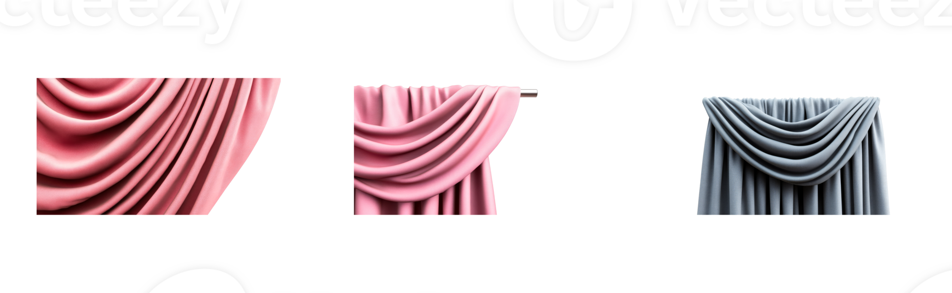Draped fabric curtains set in different colors, cut out transparent png