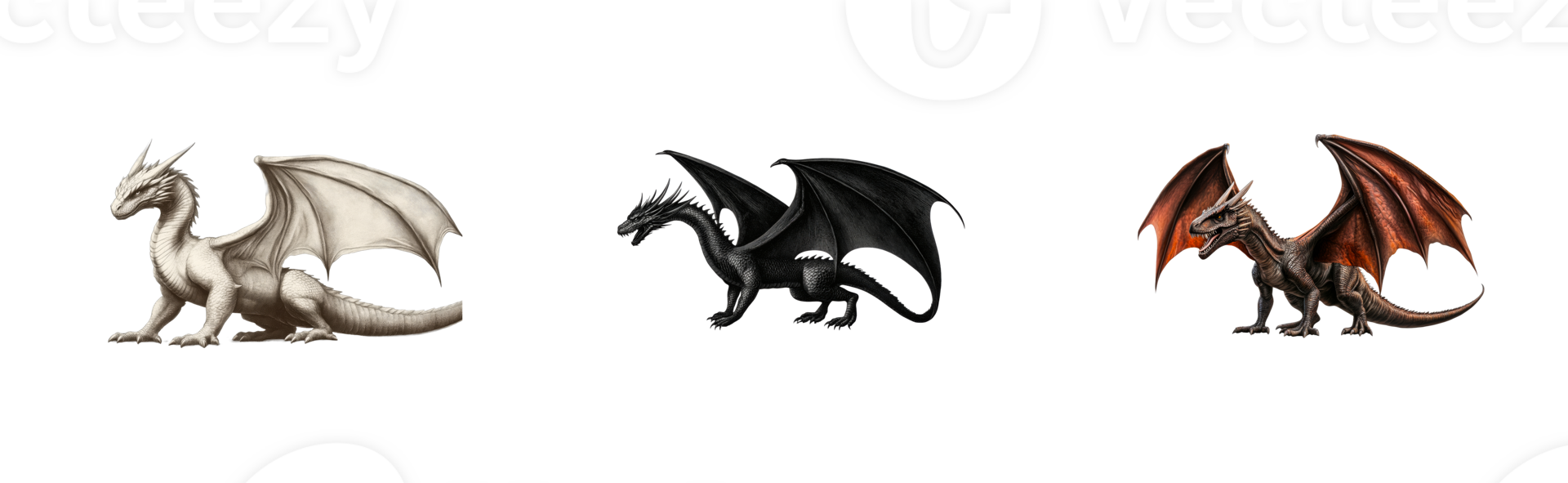 Dragon mythology collection of creatures different colors, cut out transparent png