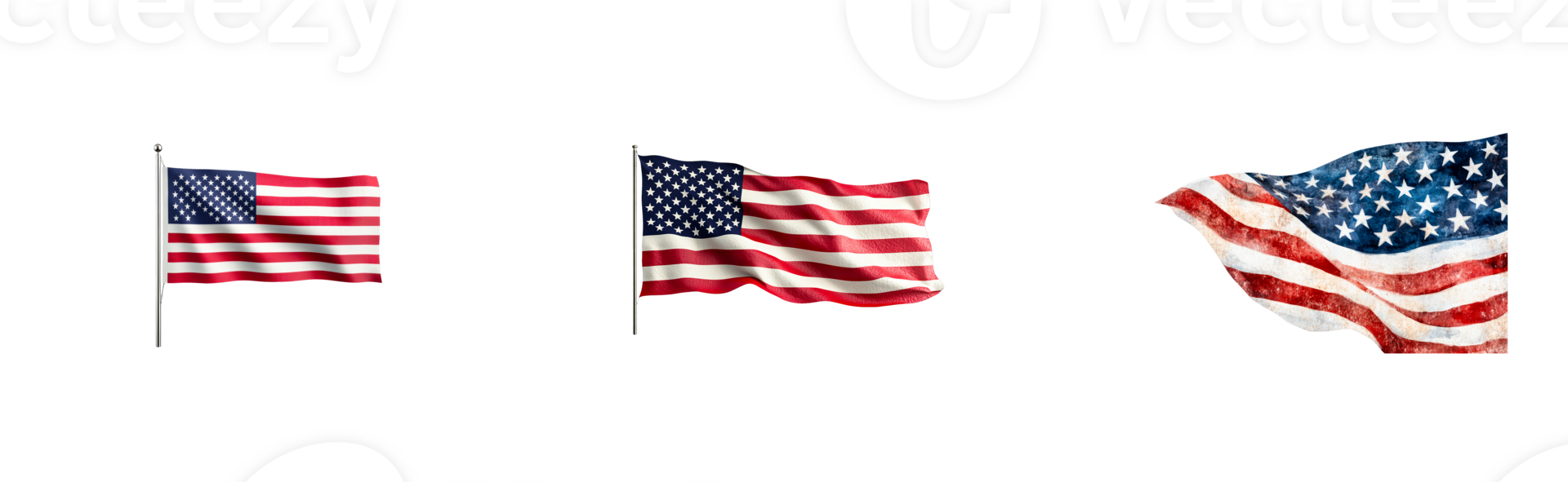Three American flags, patriotic symbol, independence day concept, cut out transparent png