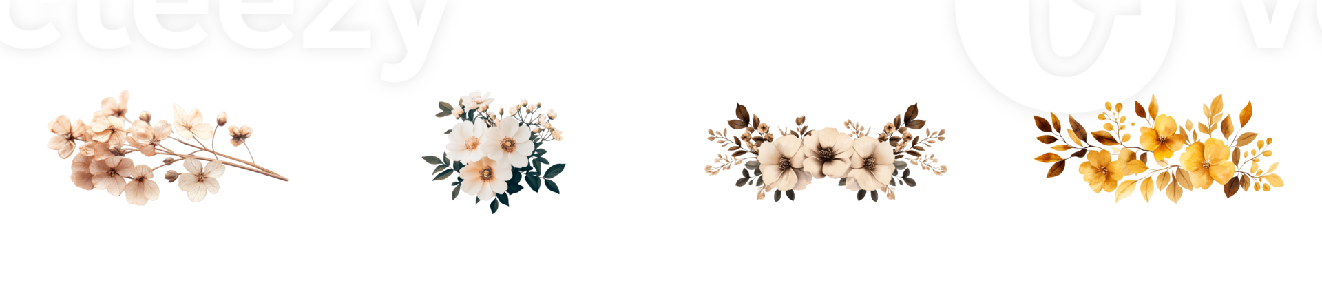 Floral bouquets in neutral tones isolated on black, cut out transparent png