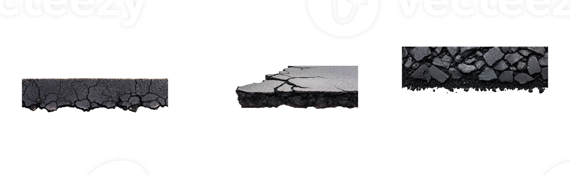 Damaged asphalt road surface sections close up, cut out transparent png