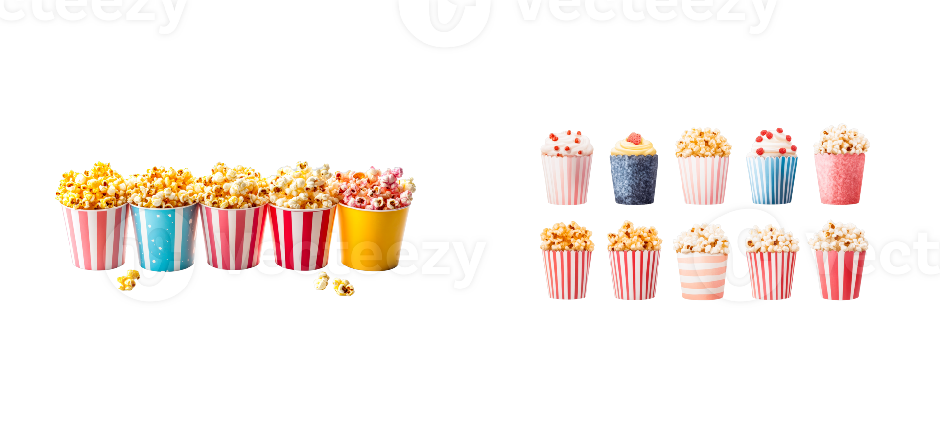 Popcorn and Cupcakes in Colorful Containers, Cut Out Transparent png
