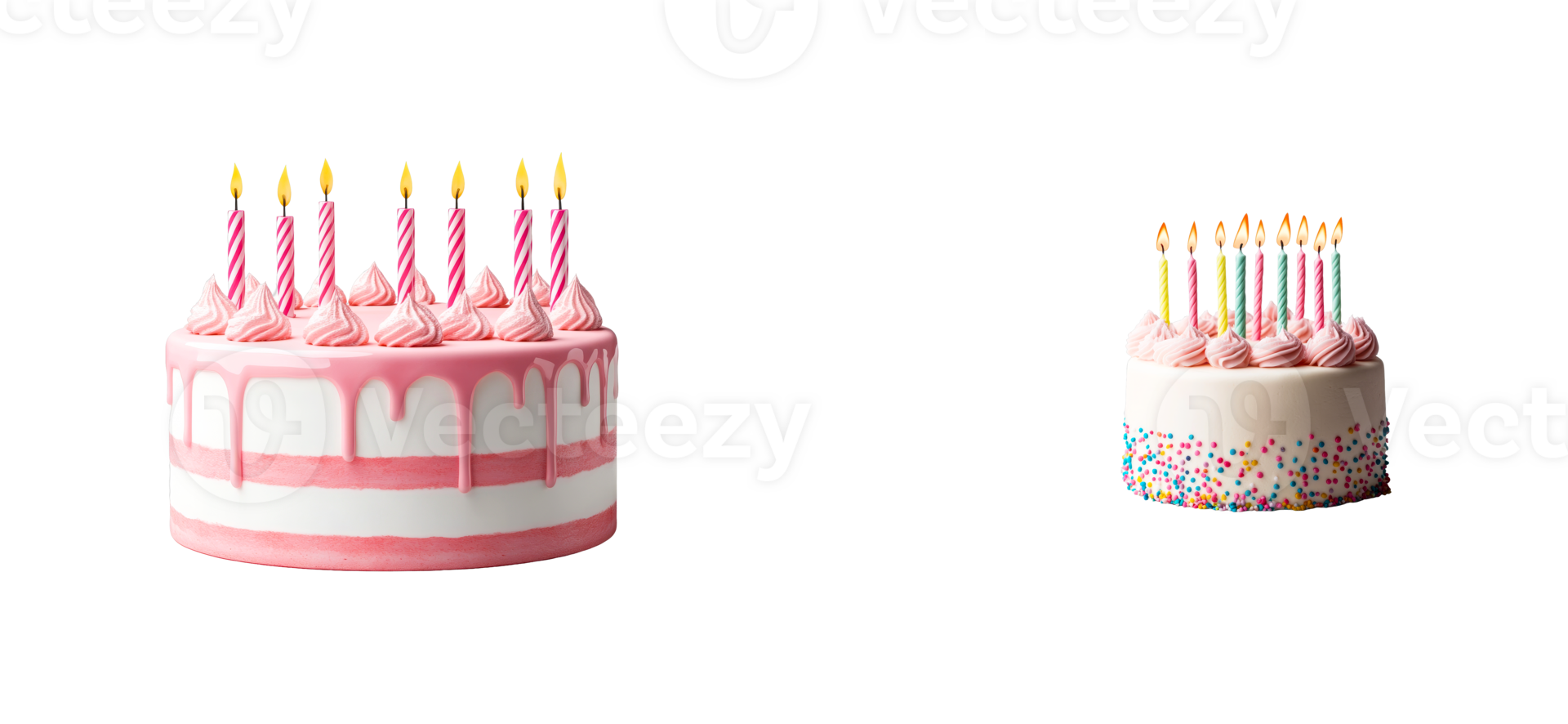 Festive birthday cakes with candles burning bright, cut out transparent png