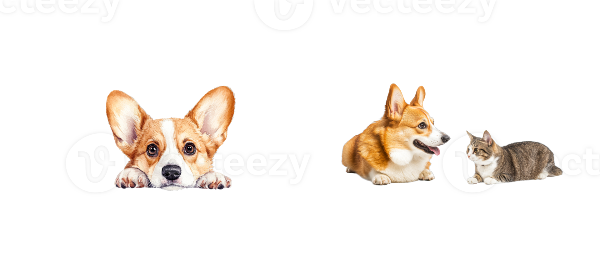 Corgi dog face peek, corgi lying cat looking at each other, cut out transparent png