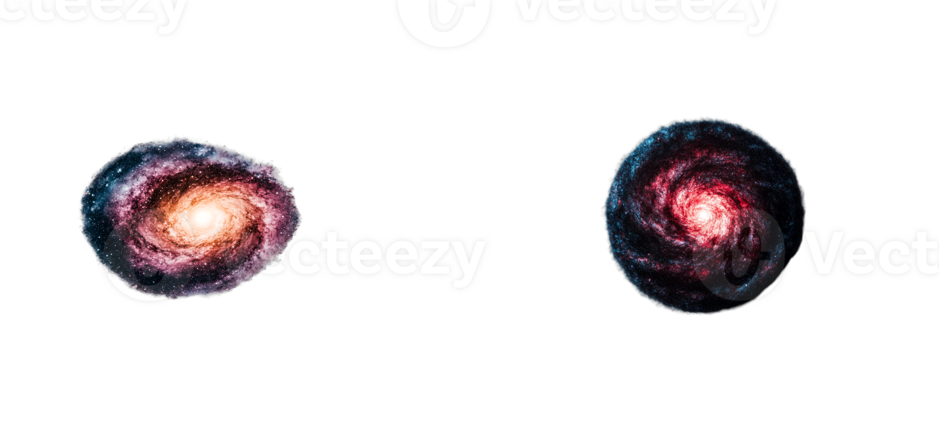 Two cosmic galaxies isolated on black background, cut out transparent png