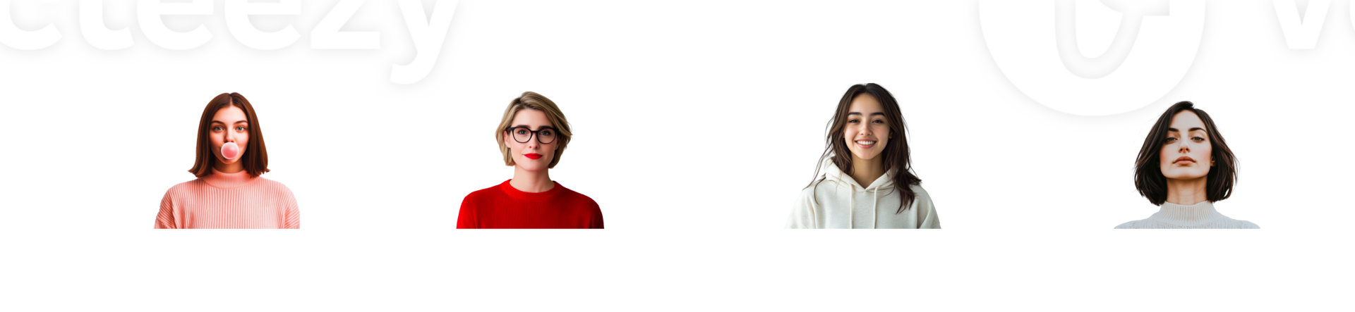 Diverse young women portraits, front view, black background, cut out transparent png