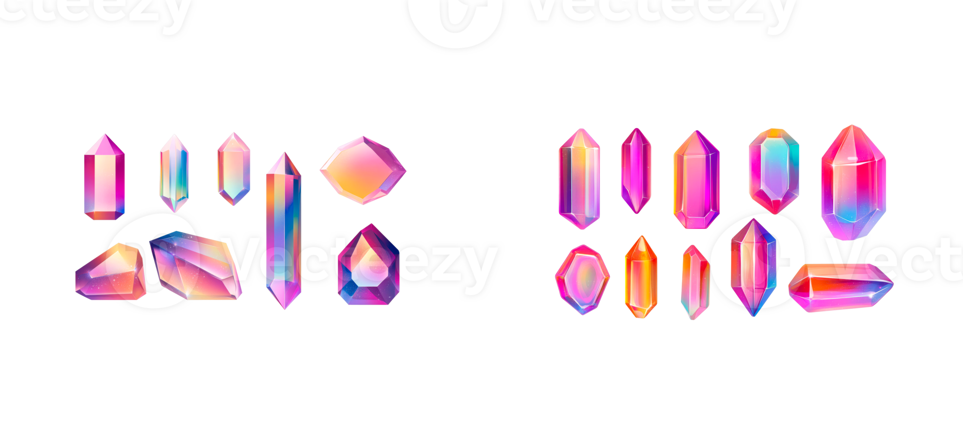 Gemstones collection with shiny iridescent gradient, cut out transparent png