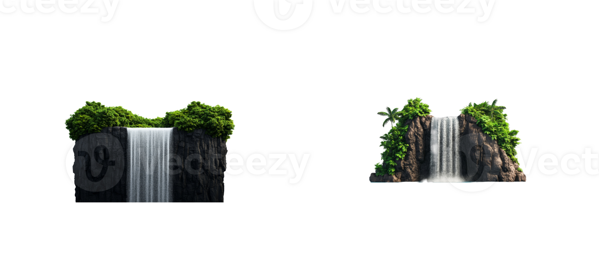 Tropical waterfalls with vegetation isolated on black background, cut out transparent png