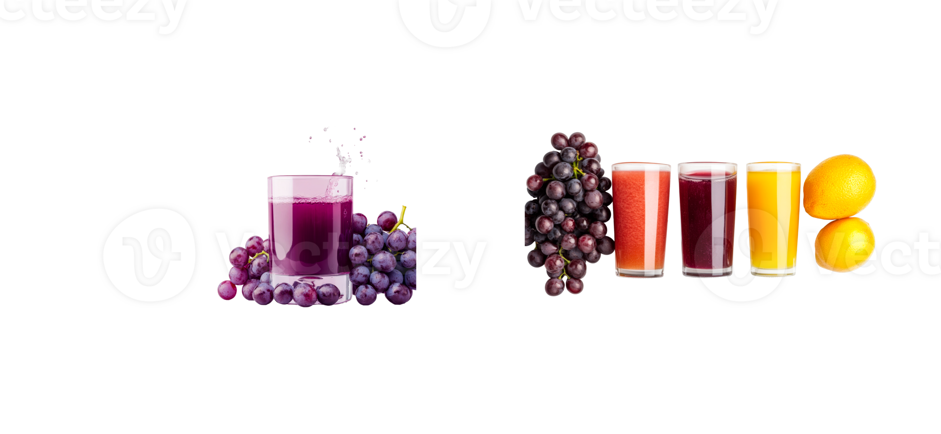 Various fresh fruit juices and fruits arrangement, cut out transparent png