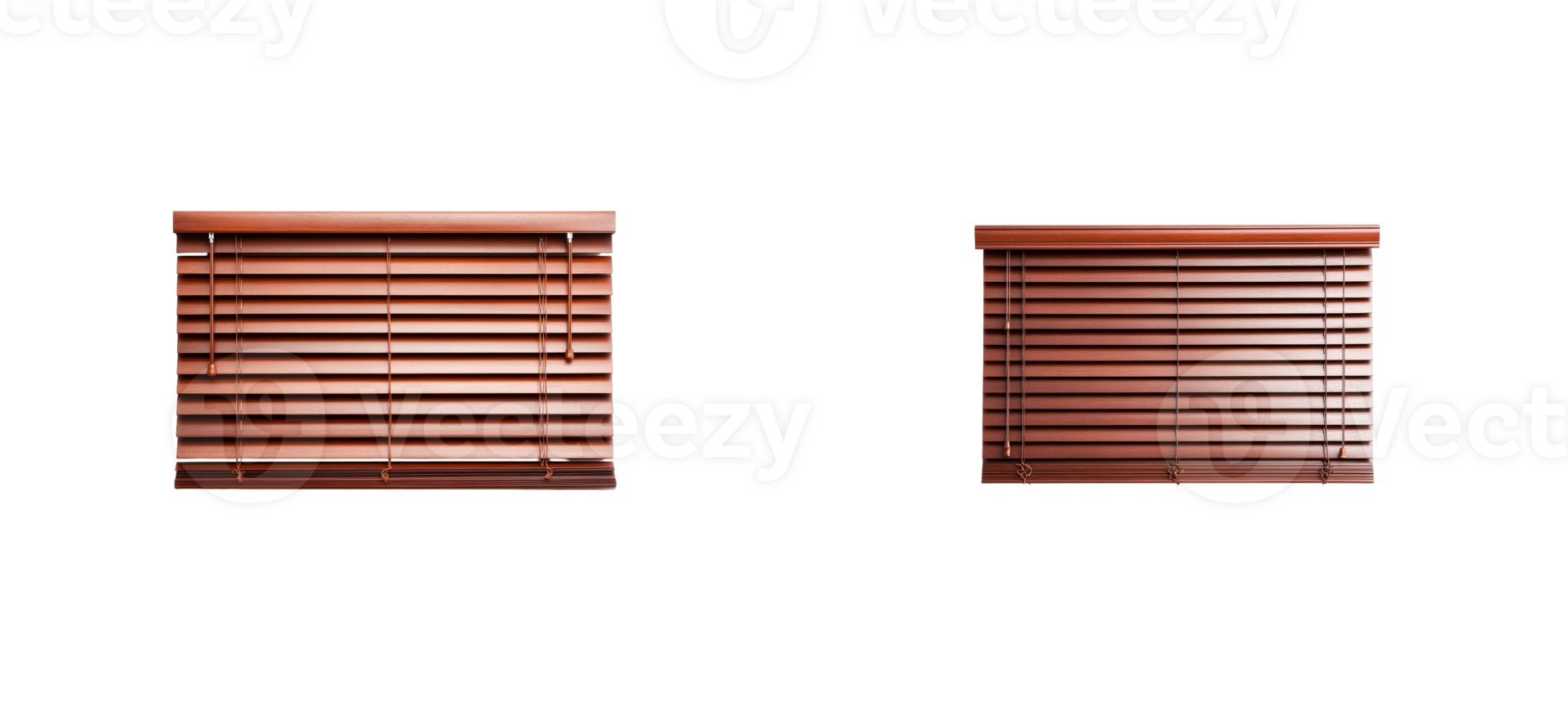 Pair of wooden blinds, open and closed, isolated on black background, cut out transparent png