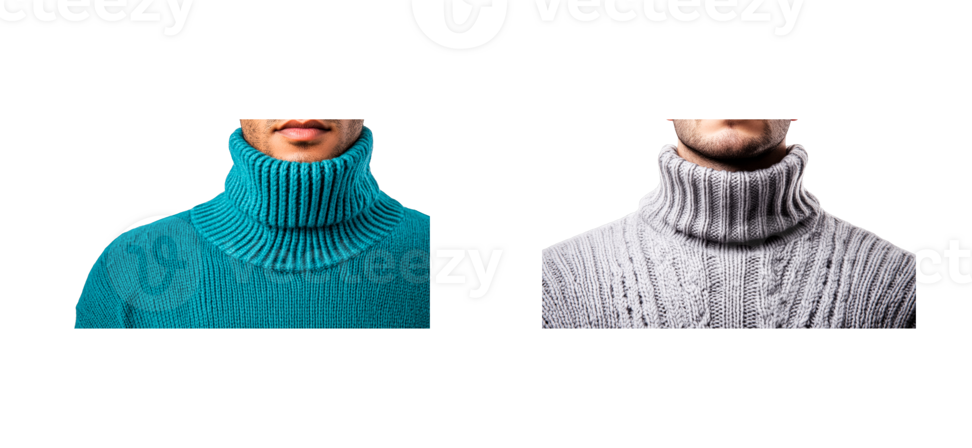 Two men wearing wool turtlenecks, blue and gray, cut out transparent png
