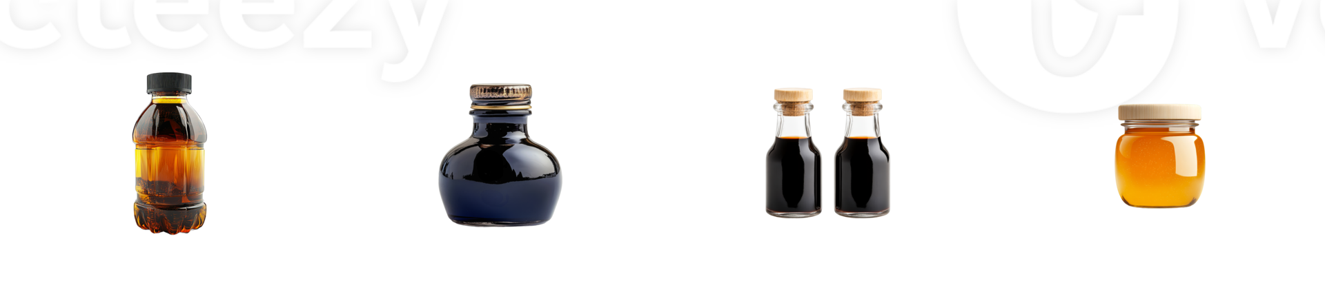 Various oils and sauces in bottles on black background, cut out transparent png