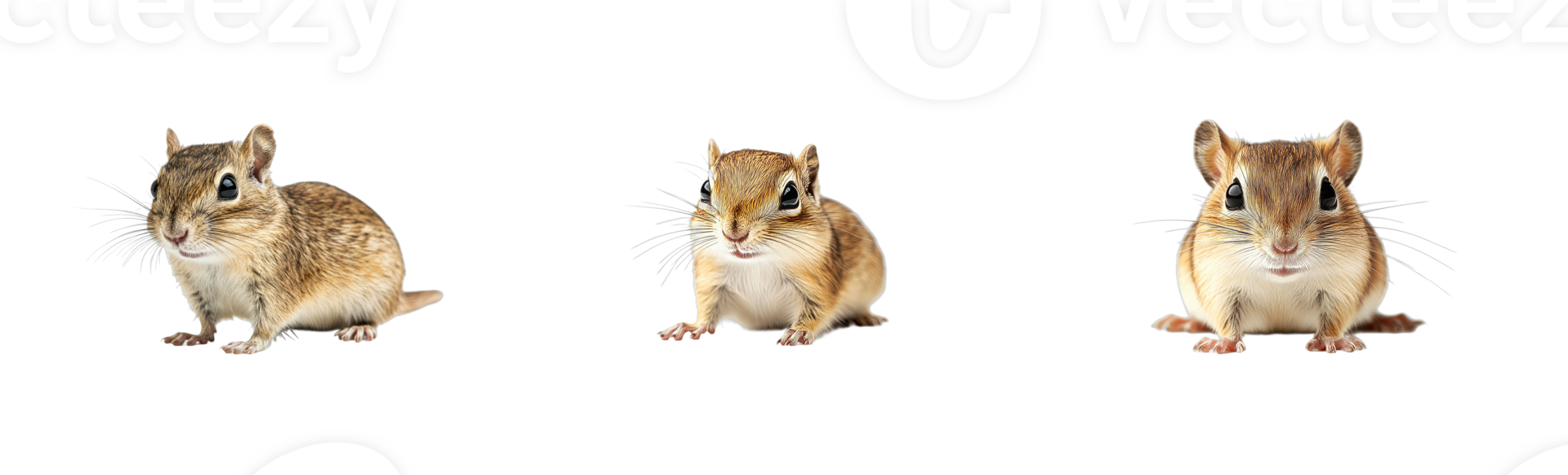 Three adorable chipmunks on black background, cut out transparent png
