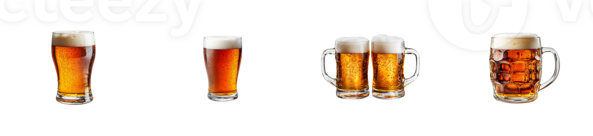 Four types beer mugs, beer glasses with foam, cut out transparent png