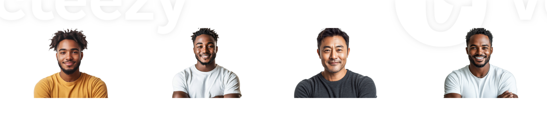 Portrait of men in T-shirts with crossed arms, cut out transparent png