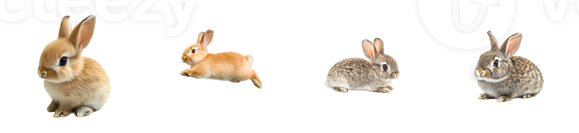 Rabbits with different color and position on black, cut out transparent png