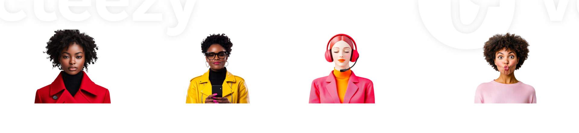 Portrait women with afro hair in suits, different emotions, cut out transparent png
