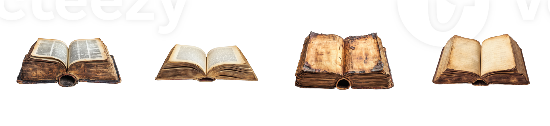 Variety of old books, damaged, open, parchment pages, reading material, cut out transparent png