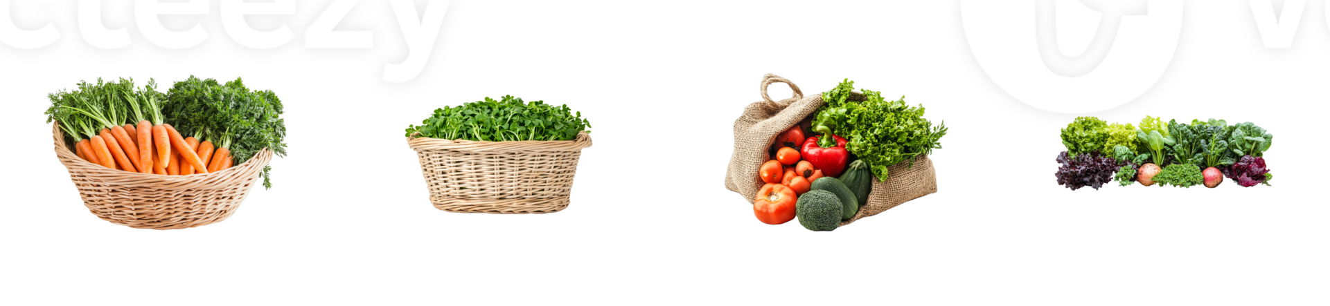 Vegetable assortment in baskets, cut out transparent png