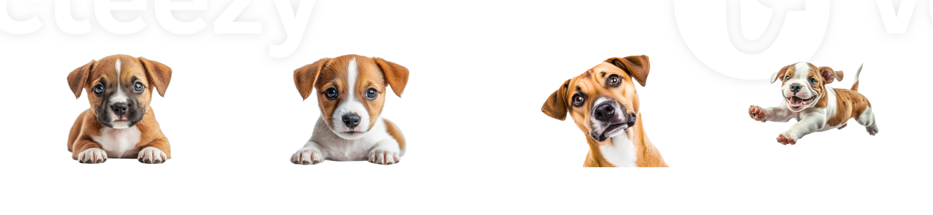 Puppies in playful poses against a transparent backdrop, cut out transparent png