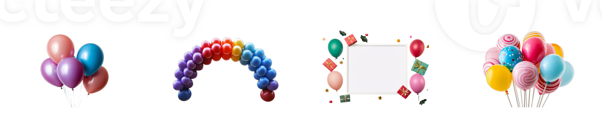 Festive balloons, decorations, square frame mockup, isolated, cut out transparent png