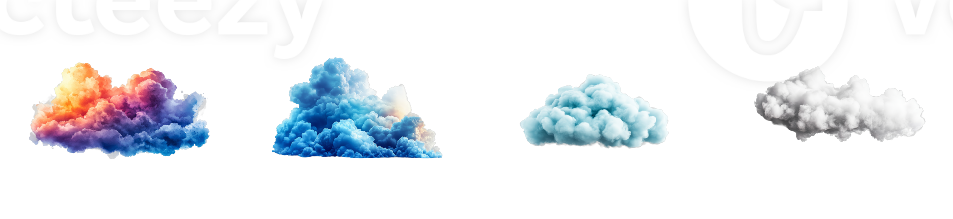 Isolated colorful puffy clouds collection on black background, cut out transparent png