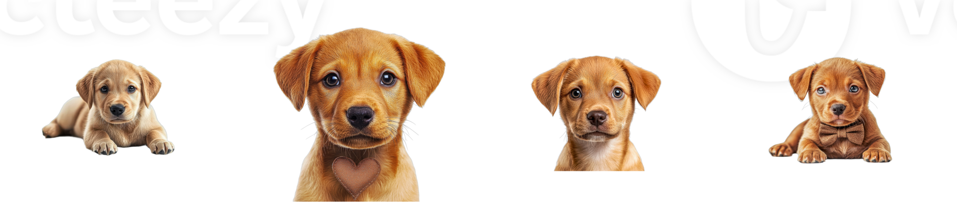Four adorable puppy portraits, pet cutouts, different poses, transparent png