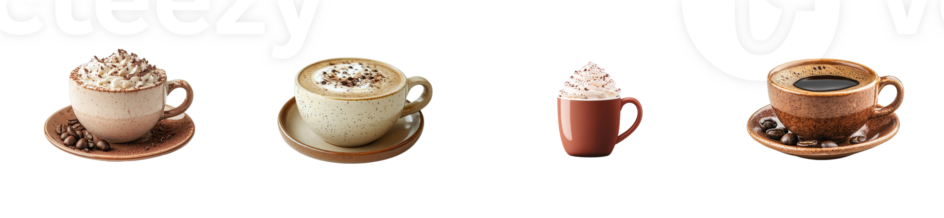 Variety of Coffee Drinks in Ceramic Cups, cut out transparent png