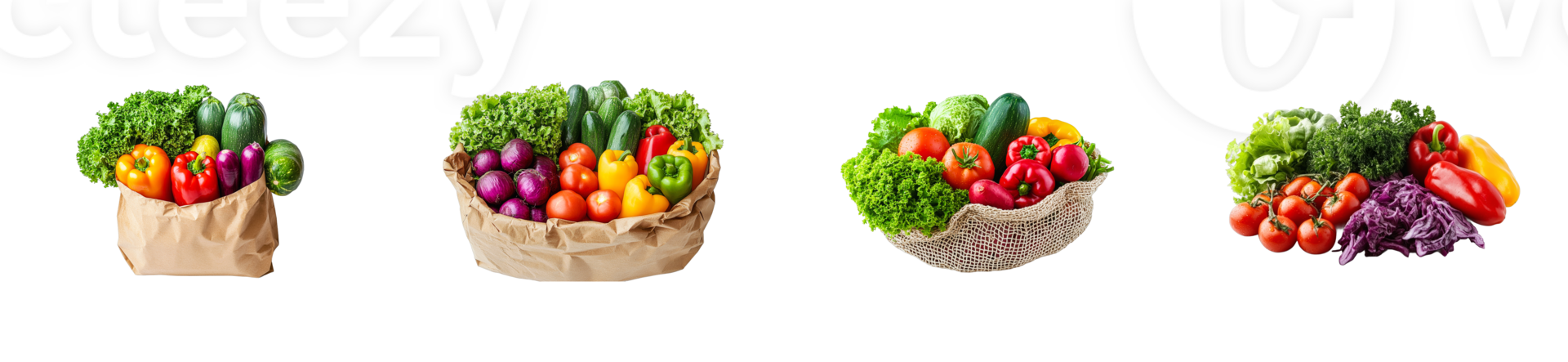Assortment fresh organic vegetables in different containers, cut out transparent png