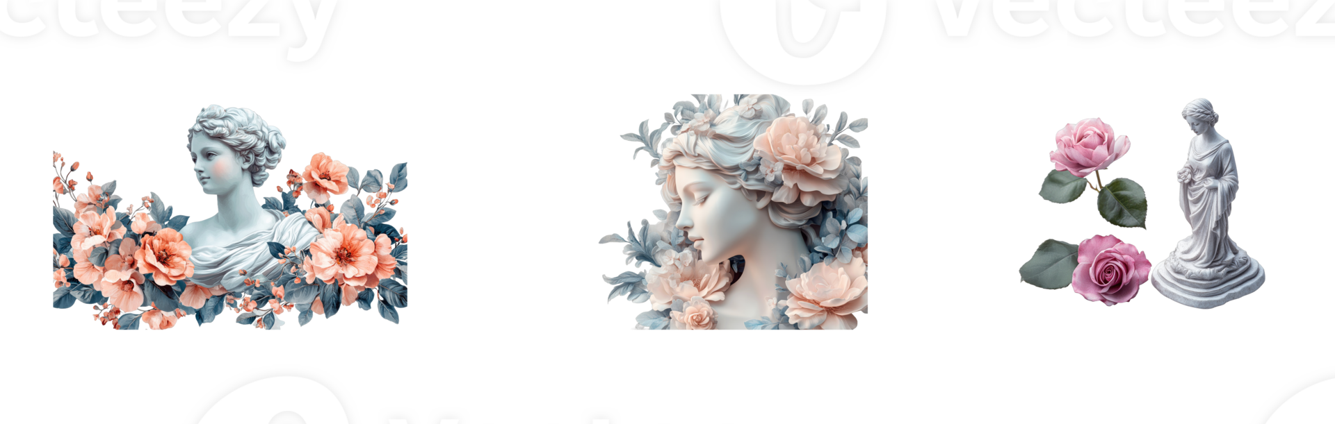Female statues, flowers, aesthetic, vintage, sculpture, ancient, cut out transparent png