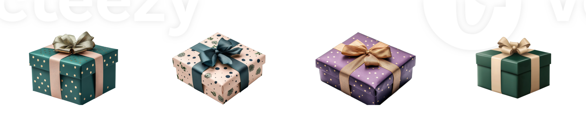 Holiday gift boxes with bows in various colors, cut out transparent png