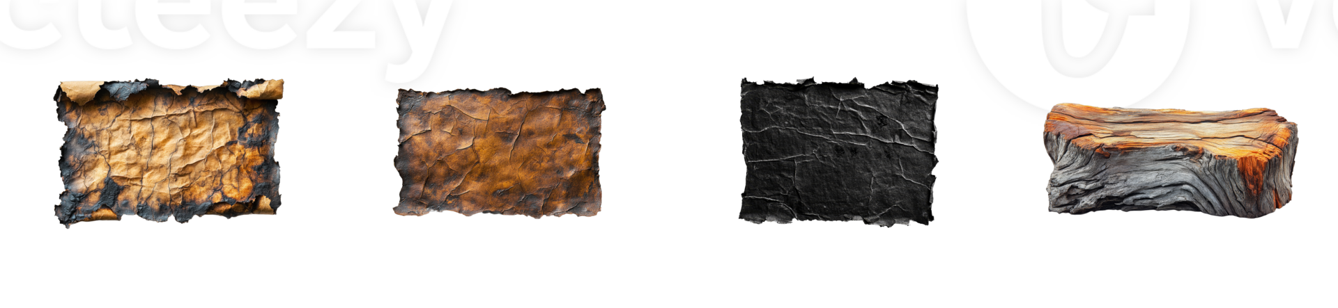 Burnt antique paper and charred wood, textured set, isolated, cut out transparent png