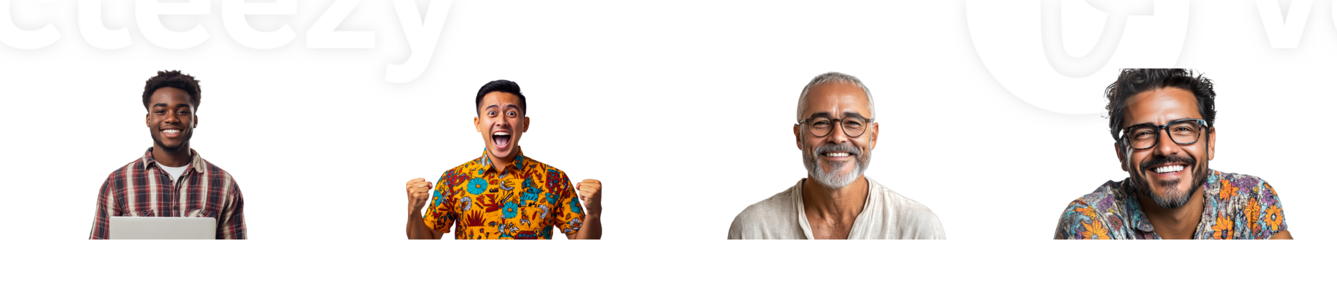 Four joyful men expressing happiness, isolated on black, cut out transparent png