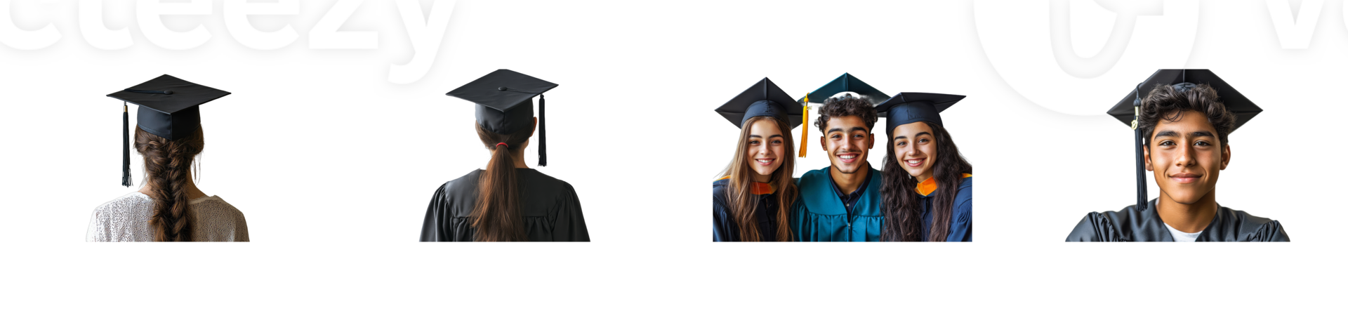 Graduates celebrating achievement, students wearing graduation caps, cut out transparent png