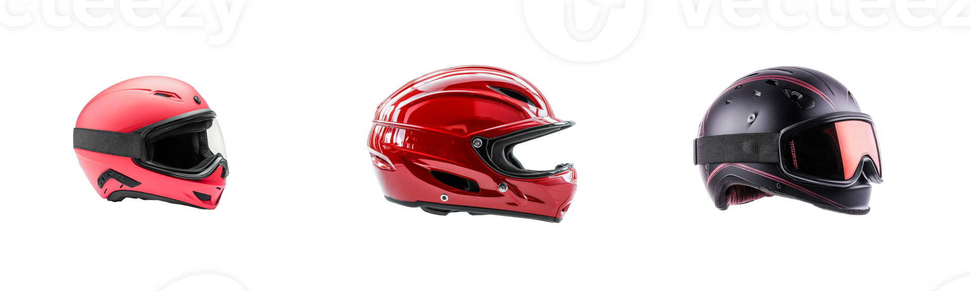 Three modern helmets in red and black colors, isolated against black, cut out transparent png